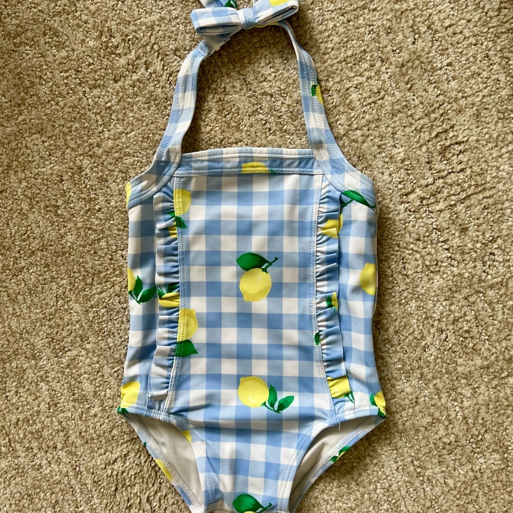 Janie and Jack Blue and Yellow Lemon Print Kids Swimsuit